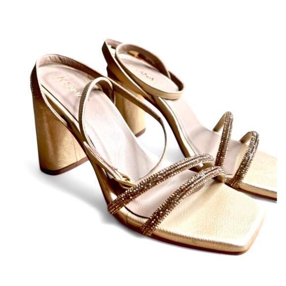 Kaanas Leather Embellished Slip On Ankle Strap Strappy Heeled Sandals Gold 6 NWT - Picture 1 of 7